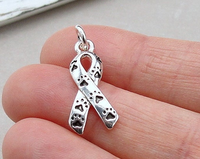 Pet Awareness Ribbon Charm, Silver Paw Prints Awareness Charm, Dog Memorial Gift, Cat Memorial Gift, Animal Rescue Charm