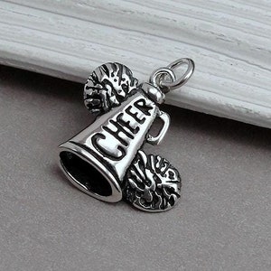 925 Sterling Silver Cheerleader Megaphone Charm, Cheerleader Charm, Cheerleader Pendant, Cheerleader Bracelet Charm, Cheer Pom Poms Charm
