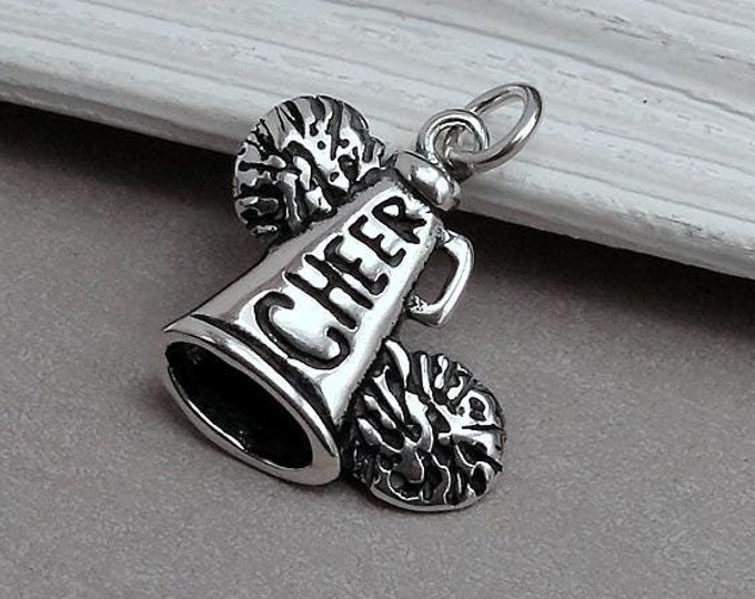 925 Sterling Silver Cheerleader Megaphone Charm, Cheerleader Charm, Cheerleader Pendant, Cheerleader Bracelet Charm, Cheer Pom Poms Charm