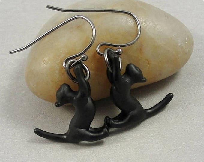 Black Cat Earrings, Gunmetal Black Kitty Cat Dangle Drop Earrings on French Earwires