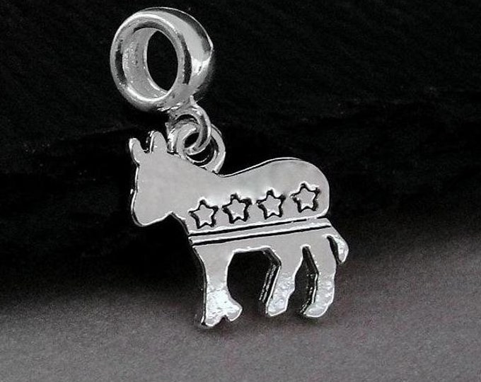 Democrat Donkey European Charm, Silver Democrat Dangle Charm, Democrat Charm with Bail, Liberal Party Charm, Large Hole Bead, Democrat Gift