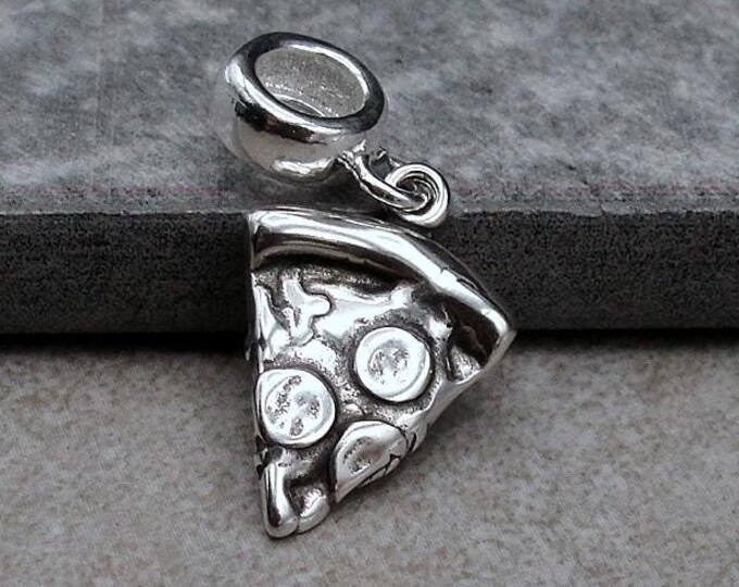 925 Sterling Silver Pepperoni Pizza Dangle Charm, Slice of Pizza European Charm, Pizza Charm, Pizza Charm with Bail, Pizza Large Hole Bead