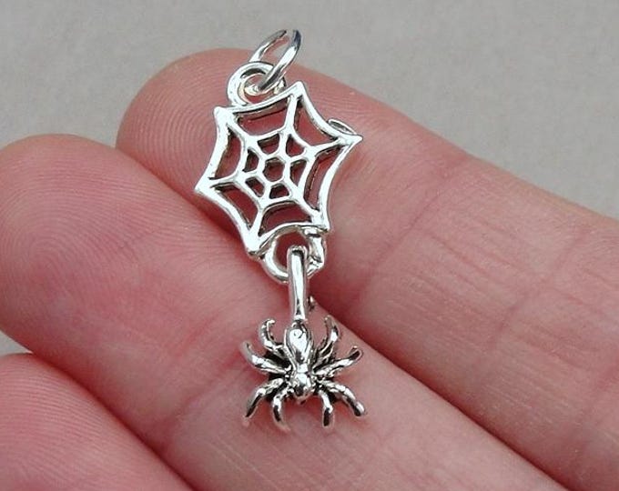 Spider Web Charm, Silver Plated Dangling Spider on Web Necklace Charm, Halloween Charm, Spider Charm, Spider GIft, Halloween Jewelry