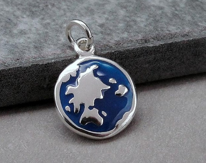 925 Sterling Silver and Enamel Blue Earth Charm, Blue Earth Charm, Earth Pendant, Globe Pendant, World Map Charm, World Travel Charm