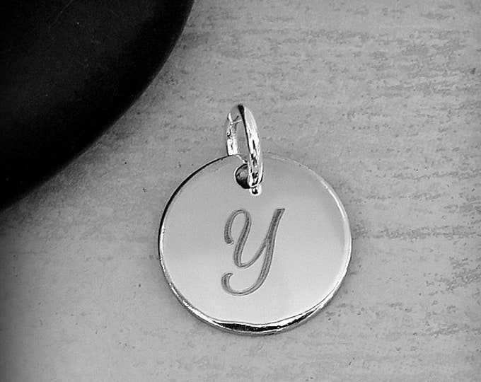 Stainless Steel Letter Y Charm, Silver Engraved Letter Y Round Disc Initial Charm, Cursive Y Charm, Engraved Alphabet Script Font Pendant