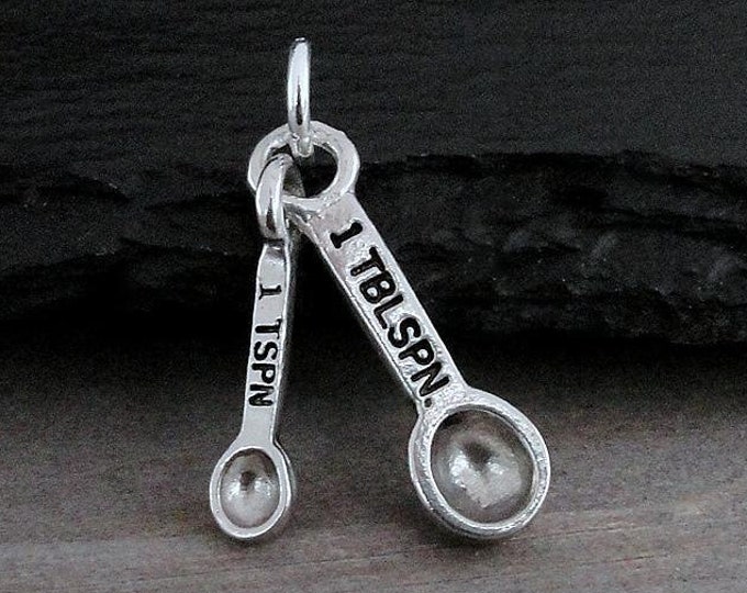 Silver Measuring Spoons Charm, 3D Spoon Charm, Tablespoon Charm, Teaspoon Charm, Kitchen Charm, Baking Charm, Cooking Charm, Culinary Gift