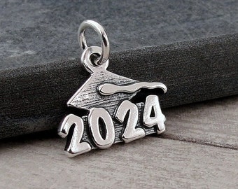 Sterling Silver 2024 Graduation Charm, 2024 Graduation Cap Charm, Class of 2024 Charm, Necklace Charm, Bracelet Charm, Graduation Gift