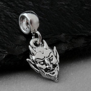 Devil European Charm, Silver Devil Face Dangle Charm, Satan Charm with Bail, Halloween Dangle Charm, Halloween Large Hole Bead