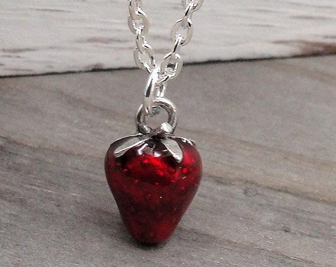 Red Strawberry Necklace, Silver and Red Strawberry Charm Necklace, 3D Strawberry Charm, Strawberry Pendant, Strawberry Gift
