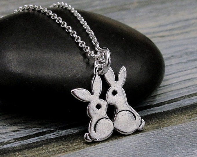 925 Sterling Silver Kissing Bunnies Necklace, Rabbit Charm Necklace, Bunny Charm Necklace, Rabbit Lover Jewelry, Bunny Rabbit Gift