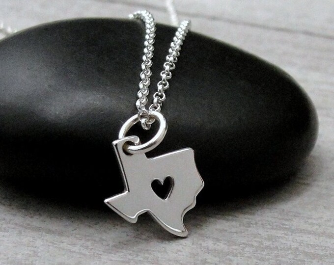 Texas Heart Necklace, Sterling Silver Texas State Charm on a Silver Cable Chain, Love Texas Charm Necklace, Texas Gift, Texas Jewelry
