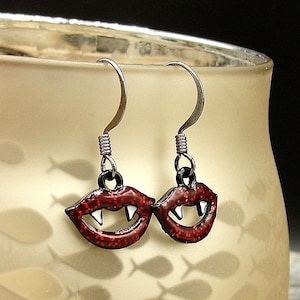 Vampire Fangs Earrings, Red and Black Vampire Lips Dangle Earrings, Vampire Teeth Earrings, Goth Earrings, Halloween Themed Dangle Earrings