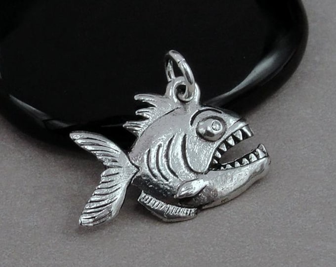 Piranha Charm, Silver Plated Piranha Pendant for Necklace or Bracelet, Fish Charm, Predator Charm, Piranha Gift, Piranha Jewelry