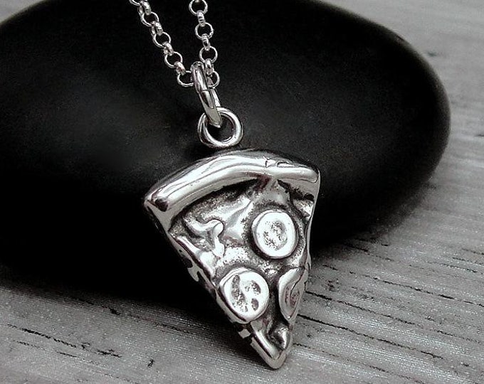 925 Sterling Silver Pepperoni Pizza Necklace, Pepperoni Pizza Charm Necklace, Slice of Pizza Necklace, Silver Pizza Charm, Pizza Lover Gift