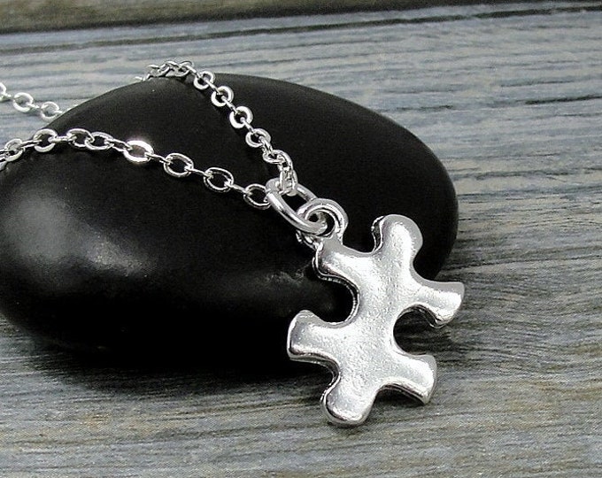 Puzzle Piece Necklace, Silver Puzzle PIece Charm on a Silver Cable Chain