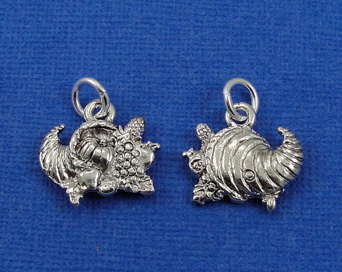 Silver Cornucopia Charm, Cornucopia Pendant, Horn of Plenty Charm, Fall Harvest Charm, Thanksgiving Charm Jewelry for Necklace or Bracelet