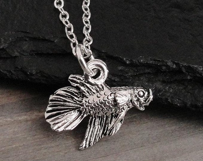 Betta Necklace, Silver 3D Betta Fish Charm Necklace, Siamese Fighting Fish Necklace, Betta Charm, Betta Pendant, Betta Fish Gift Jewelry