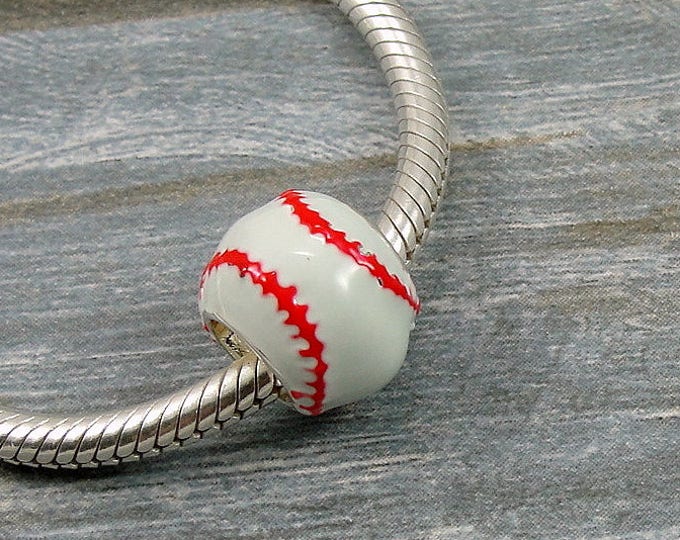 Baseball European Charm, Baseball European Bead, Softball European Charm, Softball Large Hole Bead, Sports Jewelry, Baseball Softball Gift