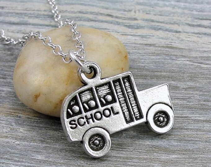 School Bus Necklace, Silver School Bus Charm Necklace, Bus Driver Charm Necklace, School Charm, Back to School Gift, Bus Driver Gift