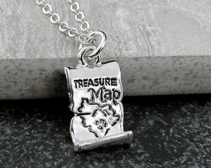 Treasure Map Necklace, Silver Plated Treasure Map Charm Necklace, Pirate Necklace, Pirate's Treasure Charm, Treasure Hunter Gift Jewelry