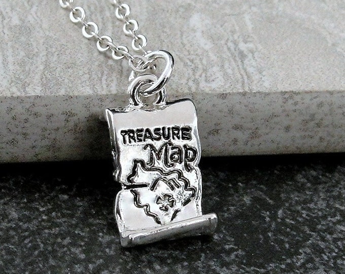 Treasure Map Necklace, Silver Plated Treasure Map Charm Necklace, Pirate Necklace, Pirate's Treasure Charm, Treasure Hunter Gift Jewelry