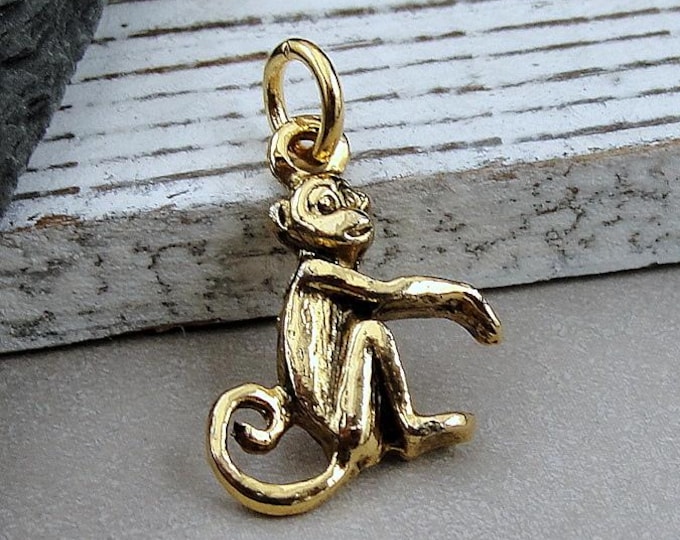 Monkey Charm, Gold Monkey Charm for Necklace or Bracelet, Jungle Charm, Chimp Charm, Primate Charm, Monkey Gift, Jungle Themed Jewelry