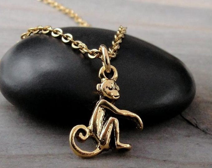 Tiny Monkey Necklace, Gold Monkey Charm Necklace, Primate Necklace, Chimp Necklace, Monkey Jewelry, Jungle Necklace, Jungle Themed Gift