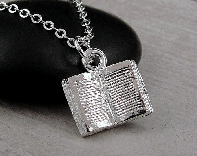 Open Book Necklace, Silver Plated 3D Book Charm Necklace, Author Necklace, Writer Necklace, Book Lover Necklace, Librarian Necklace