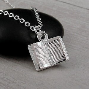 Open Book Necklace, Silver Plated 3D Book Charm Necklace, Author Necklace, Writer Necklace, Book Lover Necklace, Librarian Necklace