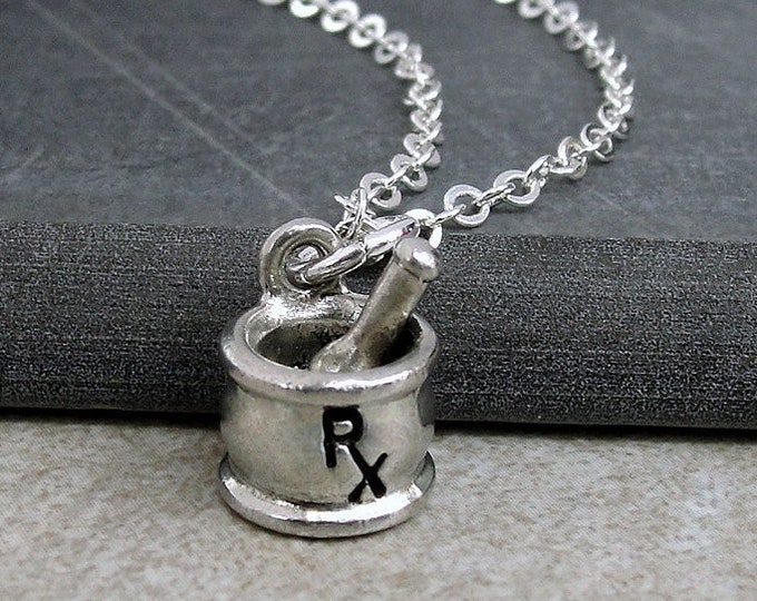 Mortar and Pestle Necklace, Silver Plated Medicine Bowl Charm Necklace, Pharmacist Charm, Pharmacist Necklace, Pharmacist Gift Jewelry