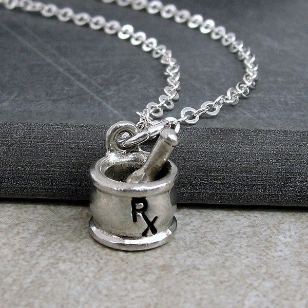 Mortar and Pestle Necklace, Silver Plated Medicine Bowl Charm Necklace, Pharmacist Charm, Pharmacist Necklace, Pharmacist Gift Jewelry