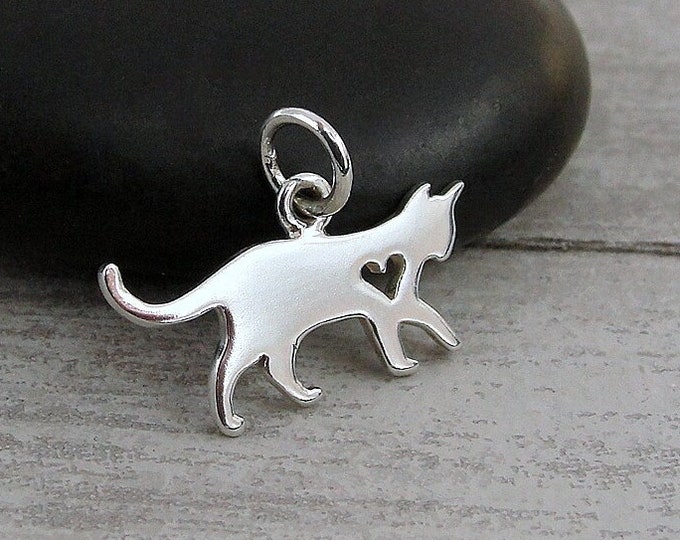 Cat Charm, Sterling Silver Cat Heart Charm, Cat Heart Cutout Charm, 925 Kitty Cat Charm, Cat Lover Gift, Cat Lover Jewelry