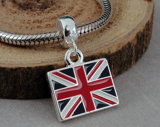 British Flag European Charm, Silver Union Jack Dangle Charm, Union Flag Charm with Bail, Union Flag Large Hole Bead, United Kingdom Charm