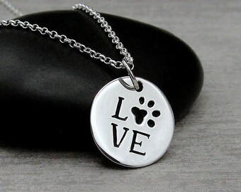 Sterling Silver Paw Print Love Necklace, Love Paw Print Charm Necklace, Cat Lover Necklace, Dog Lover Necklace, Pet Lover Jewelry