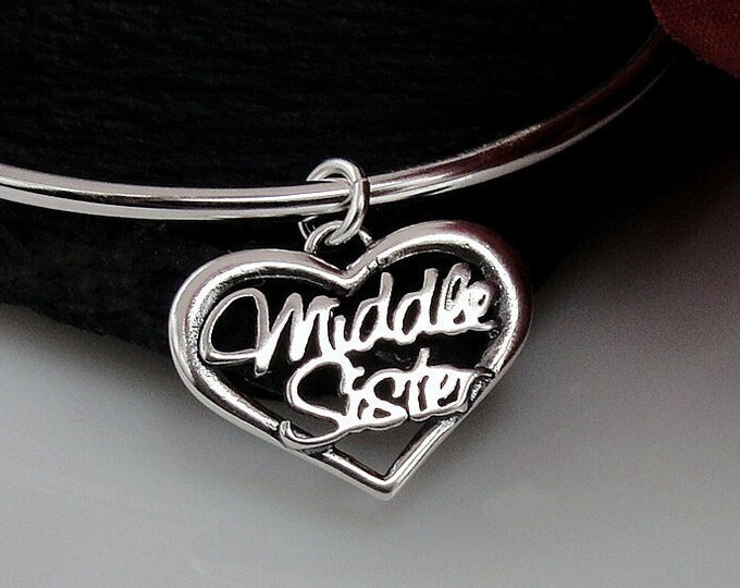 Middle Sister Charm, Sterling Silver Middle SIster Heart Charm for Necklace or Bracelet, Sister Charm, Sister Gift, Sister Jewelry