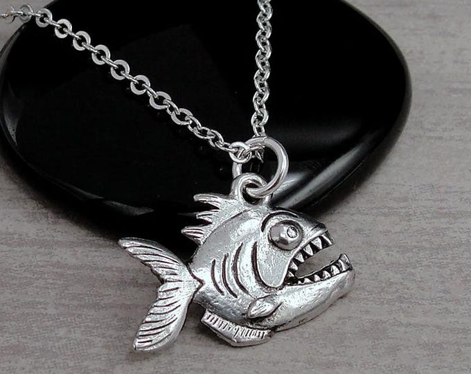 Piranha Necklace, Silver Plated Piranha Charm Necklace, Piranha Pendant, Fish Charm, Piranha Gift, Piranha Jewelry