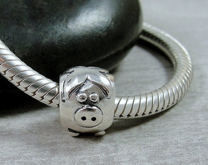 925 Sterling Silver Pig European Charm, Pig European Bead, Little Piggy Bracelet Charm, Large Hole Bead, Big Hole Bead