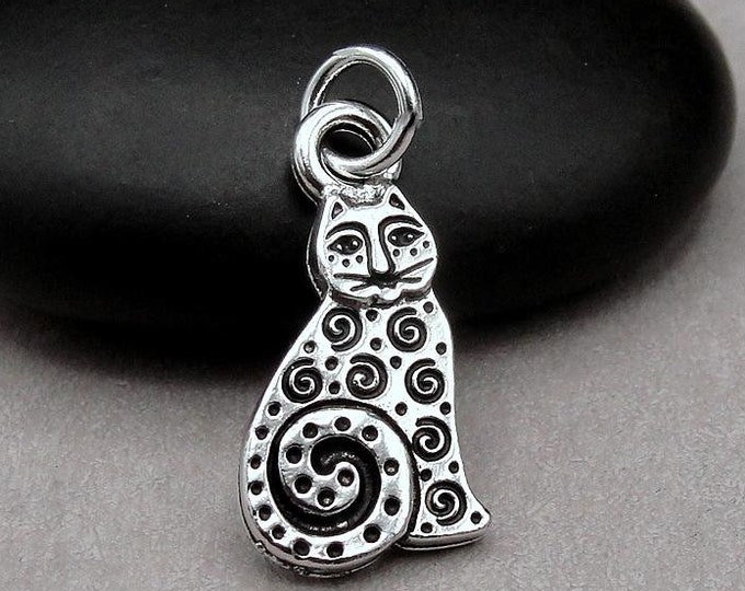 Silver Spotted Cat Charm, Abstract Cat Charm, Art Deco Cat Charm, Swirly Cat Charm, Artsy Cat Charm, Paisley Cat Charm, Unique Kitty Charm