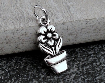 Flower Pot Charm, Sterling Silver Flower Charm for Necklace or Bracelet, Spring Flowers Charm, Daisy Charm, Spring Charm, Gardening Charm