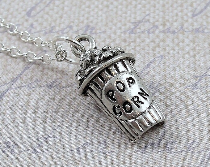 Movie Popcorn Necklace, Silver Plated Popcorn Charm Necklace, Movie Theater Charm Necklace, Snack Food Charm Necklace