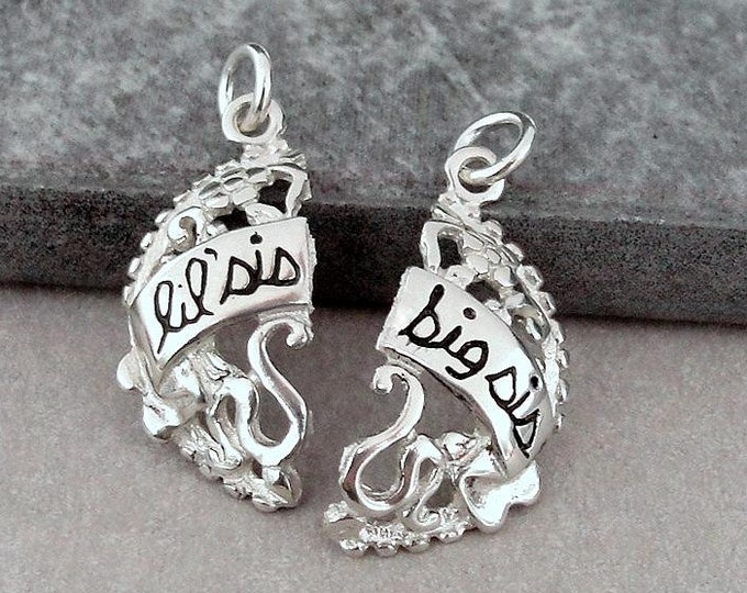 925 Sterling Silver Little Sister / Big Sister Charms, Lil Sis / Big Sis Charm Set, Matching Sister Charms, Sister Charms that Fit Together