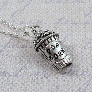 Movie Popcorn Necklace, Silver Plated Popcorn Charm Necklace, Movie Theater Charm Necklace, Snack Food Charm Necklace