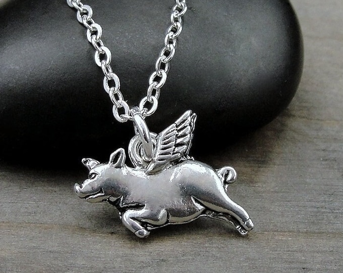 Flying Pig Necklace, Silver Flying Pig with Wings Charm Neckalce, Flying Pig Pendant, When Pigs Fly Charm Necklace, Pig Charm, Pig Gift