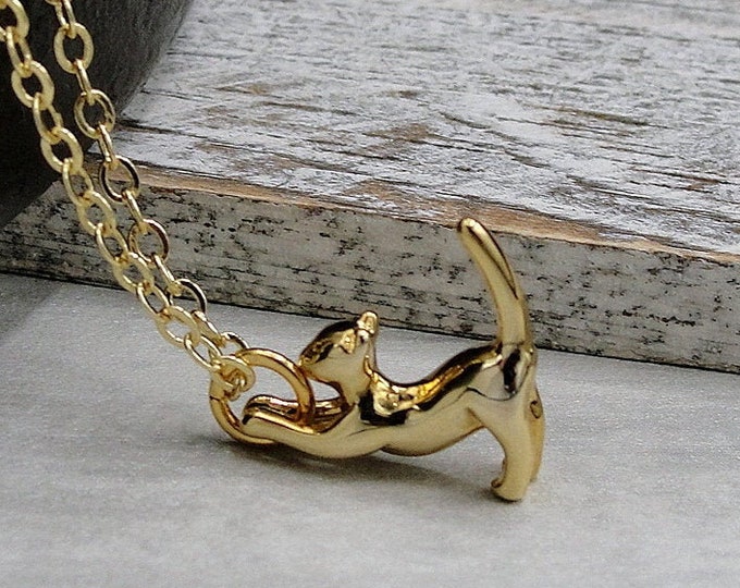 Gold Cat Necklace, Sleepy Stretching Cat Necklace, Cat Lover Necklace, Crazy Cat Lady Gift, Gift for Cat Person, Cat Lady Jewelry