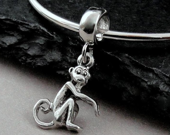 Spider Monkey European Charm, Silver Monkey Dangle Charm, Primate Charm, Jungle Charm, Primate Charm, Large Hole Bead, Monkey Gift Jewelry