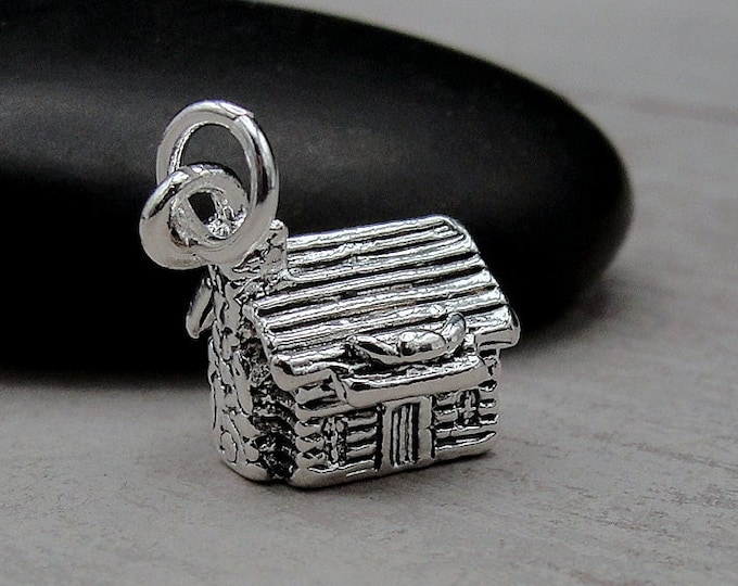 Log Cabin Charm, Silver Rustic Cottage Charm for Necklace or Bracelet, Country Charm, 3D Log Cabin Pendant, Chalet Charm, Camping Charm