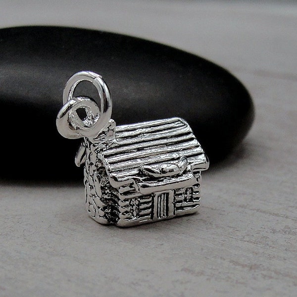 Log Cabin Charm, Silver Rustic Cottage Charm for Necklace or Bracelet, Country Charm, 3D Log Cabin Pendant, Chalet Charm, Camping Charm