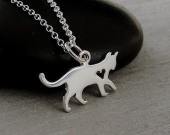 Cat Heart Necklace, Sterling Silver Cat Heart Charm on a Silver Cable Chain, Kitty Heart Necklace, Cat Silhouette Charm, Cat Lover Gift