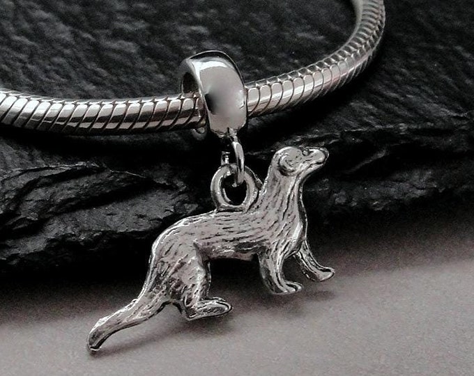 Ferret European Charm, Silver Ferret Dangle Charm, Ferret Charm with Bail, Ferret Bracelet Charm, Ferret Large Hole Bead, Ferret Gift