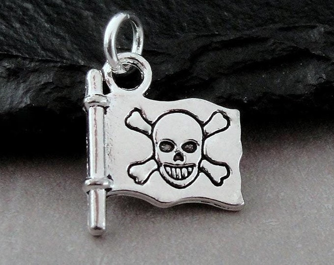 Jolly Roger Charm, Silver Pirate Flag Charm, Pirate Charm, Pirate Jewelry, Pirate Necklace Charm, Skull and Bones Flag Charm, Pirate Gift